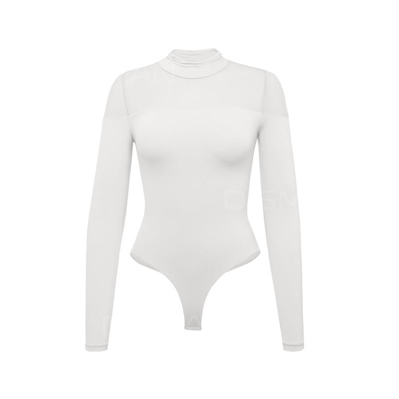 Sexy Mesh Patchwork Slim-Fit Bodysuit with High Neck and Long Sleeves
