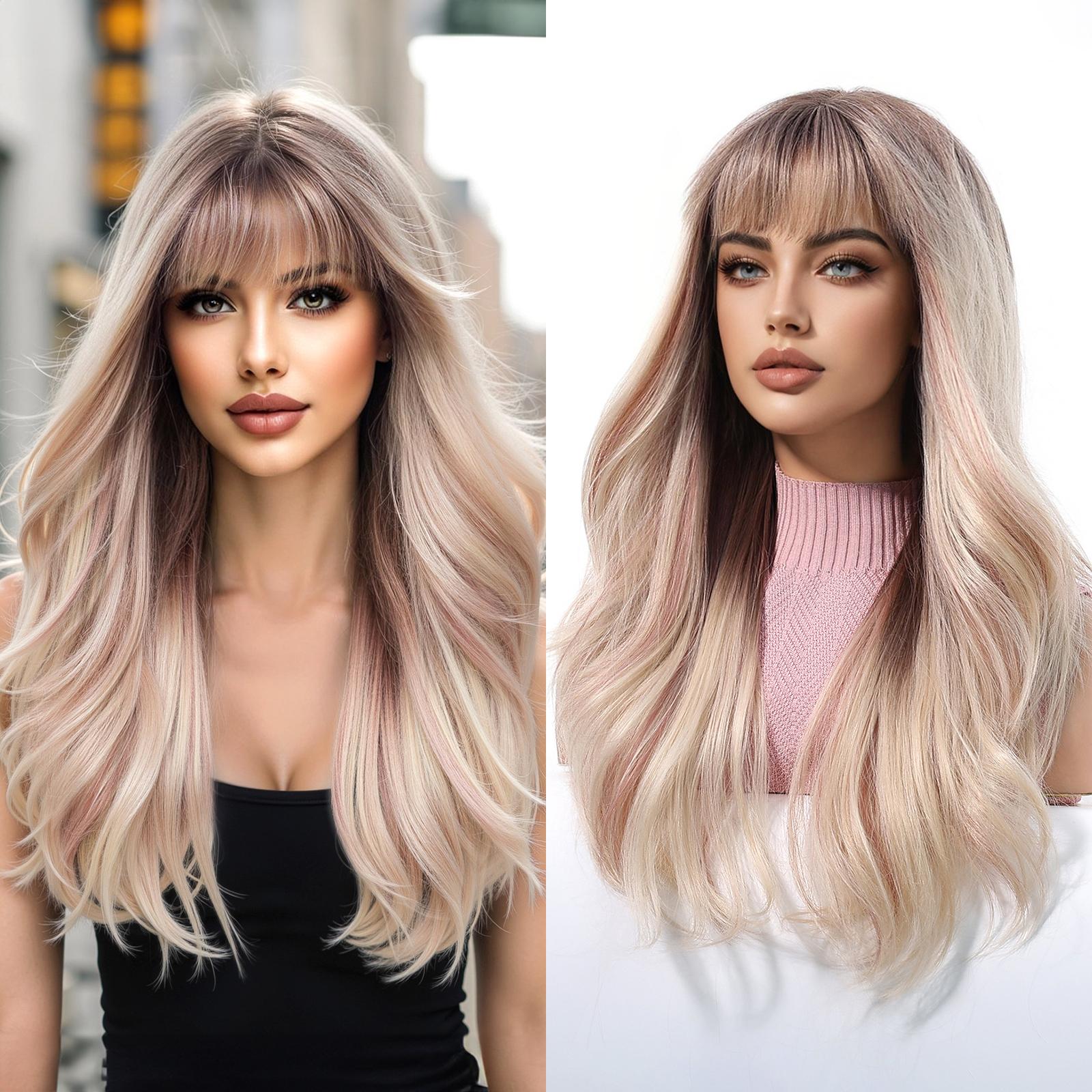 

Длинные волнистые парики ALAN EATON для чернокожих женщин, афроамериканские синтетические волосы, светло-коричневые парики с челкой, термостойкие косплей