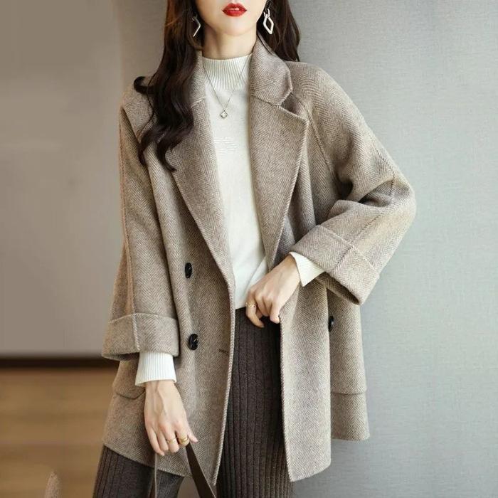 

Autumn and winter new fashion Korean version loose casual versatile foreign high-end woolen jacket women s tide medium and long 3XL коричневий