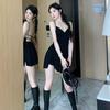 Black halter strap V-neck ballet skirt women's summer vacation sexy niche pleated suspender split culottes