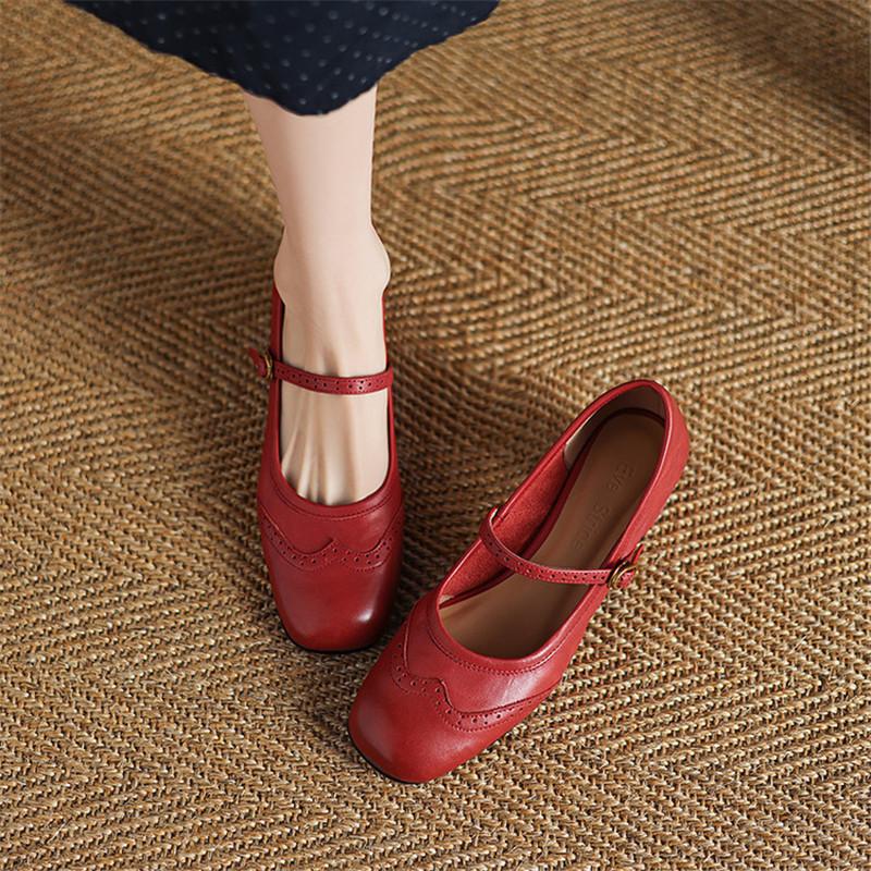 Fashion New Spring/Summer Genuine Leather Women Pumps Shoes for Women Fashion Brogue Designs Square Toe Mary Jane Shoes Women High Heels