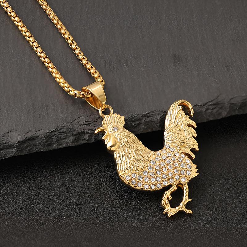 European and American Jewelry, Vacuum Gold-plated with Diamonds, Rooster Animal Pendant Necklace 2026 60CM