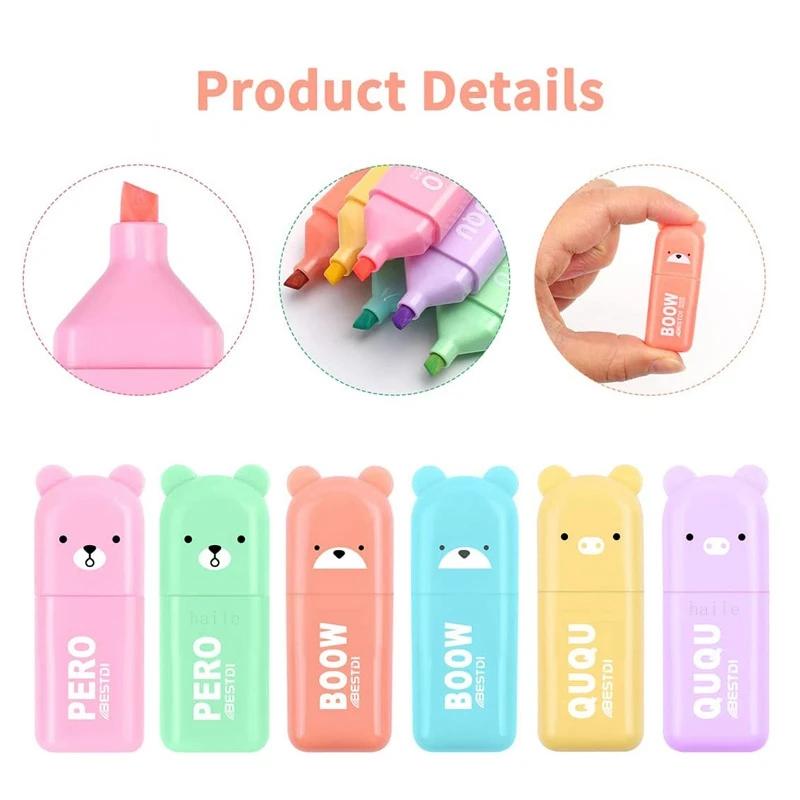 6pcs/Kit Charming Cartoon Mini Highlighter Pens Kawaii Pastel Colors Manga Markers Scrapbooking Diary Highlighter Stationery