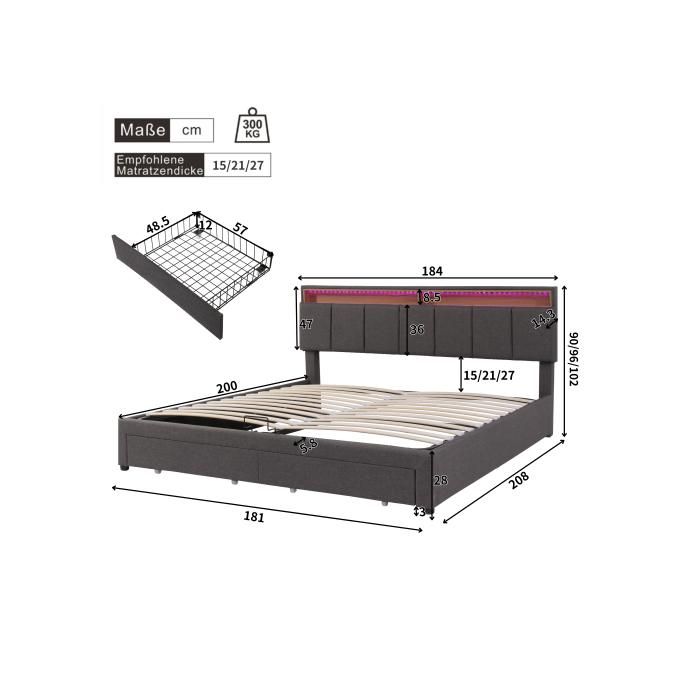 Lit - MUVOE - 180x200 cm - Rembourré - Éclairage LED - Gris