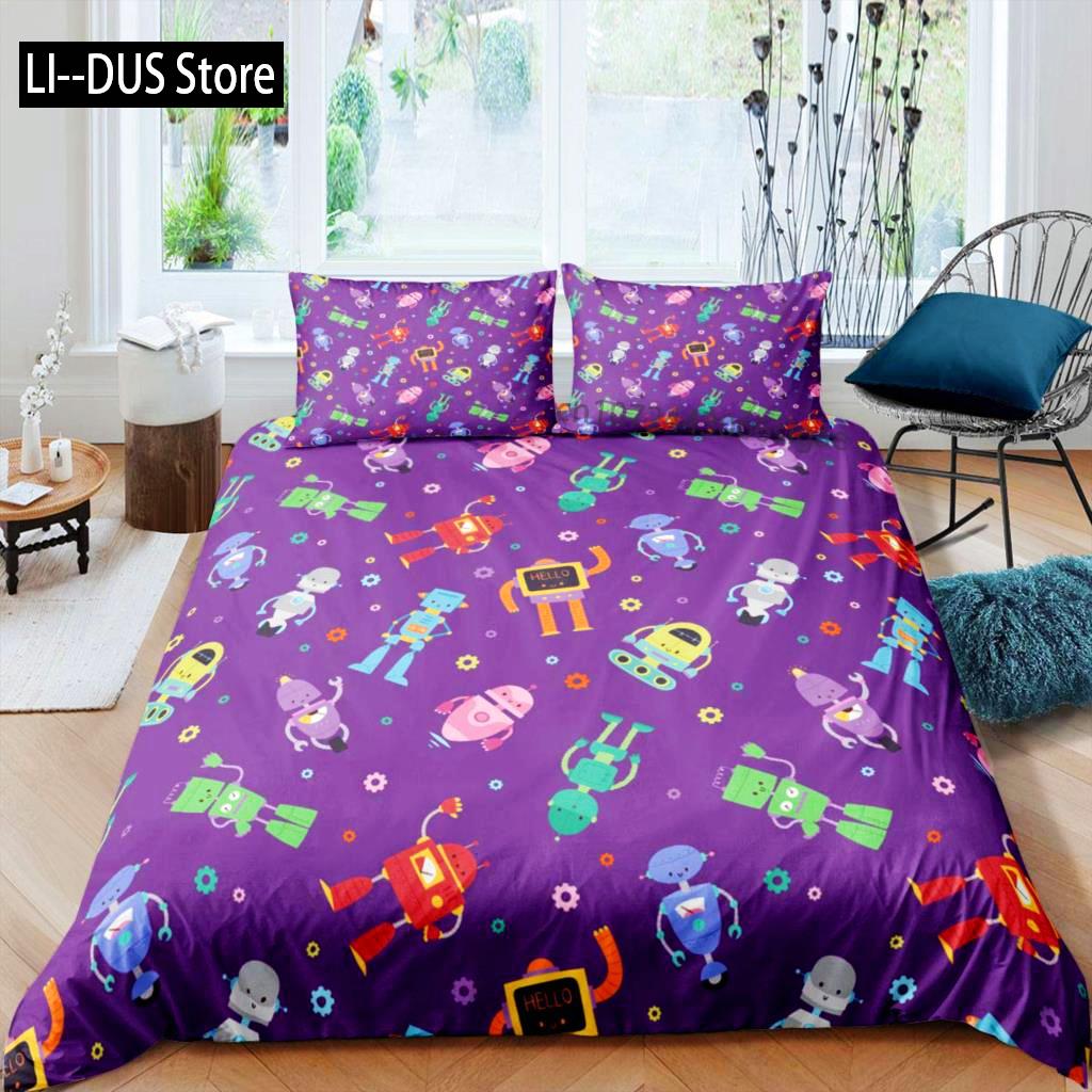 Robot Duvet Cover Set Kids Boys Watercolor Robot Bedding Set Modern Cartoon Super Robot Pattern King Size 2/3pcs Bedding Set