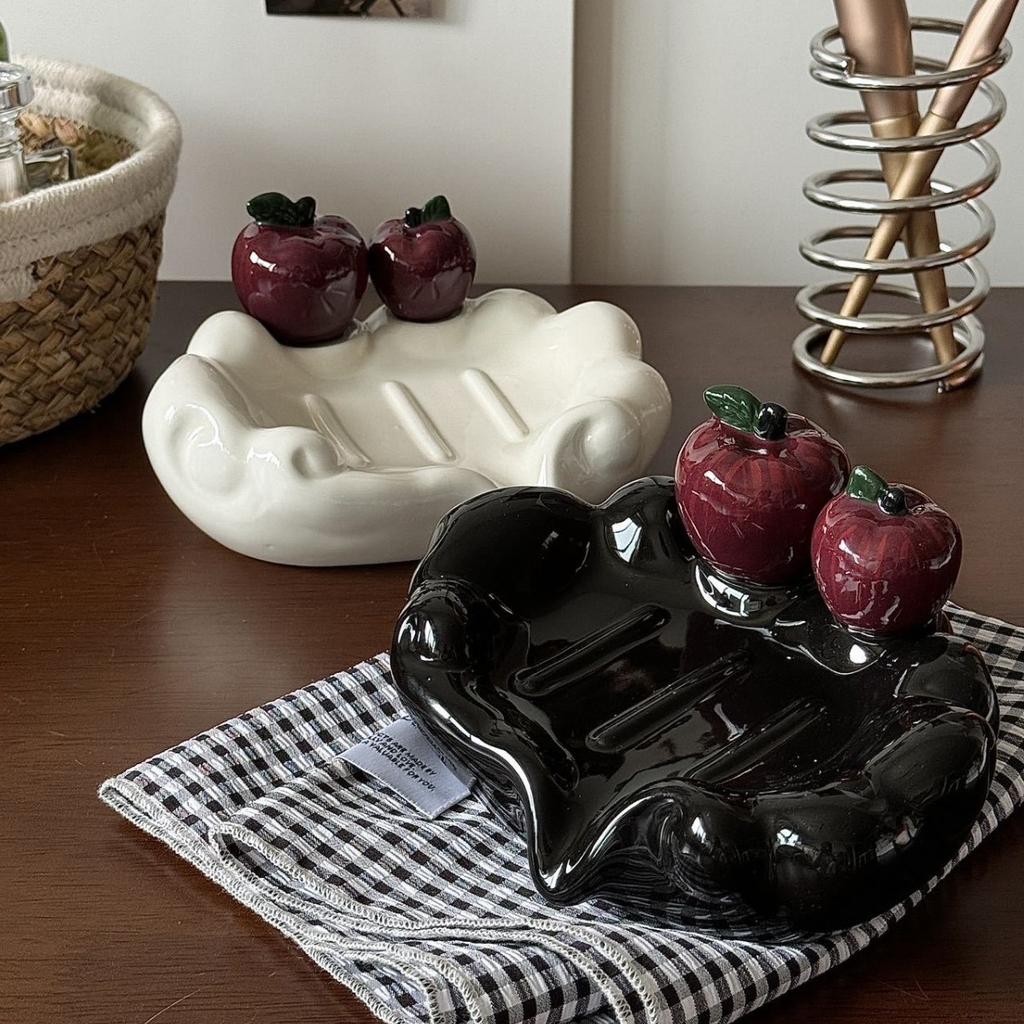 Luxury Ceramic Soap Dish with Drainage, Apple-Shaped Soap Holder for Bathroom Sink Countertop, Home Soap Tray
