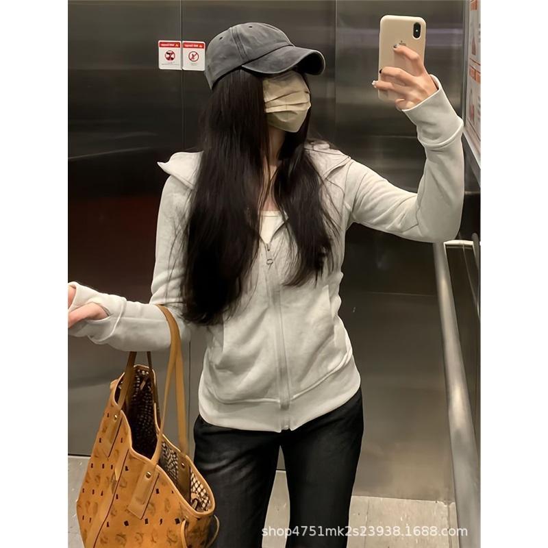 Women's Casual Zip-Up Hoodie Slim Fit Long Sleeve Solid Color Sweatshirt