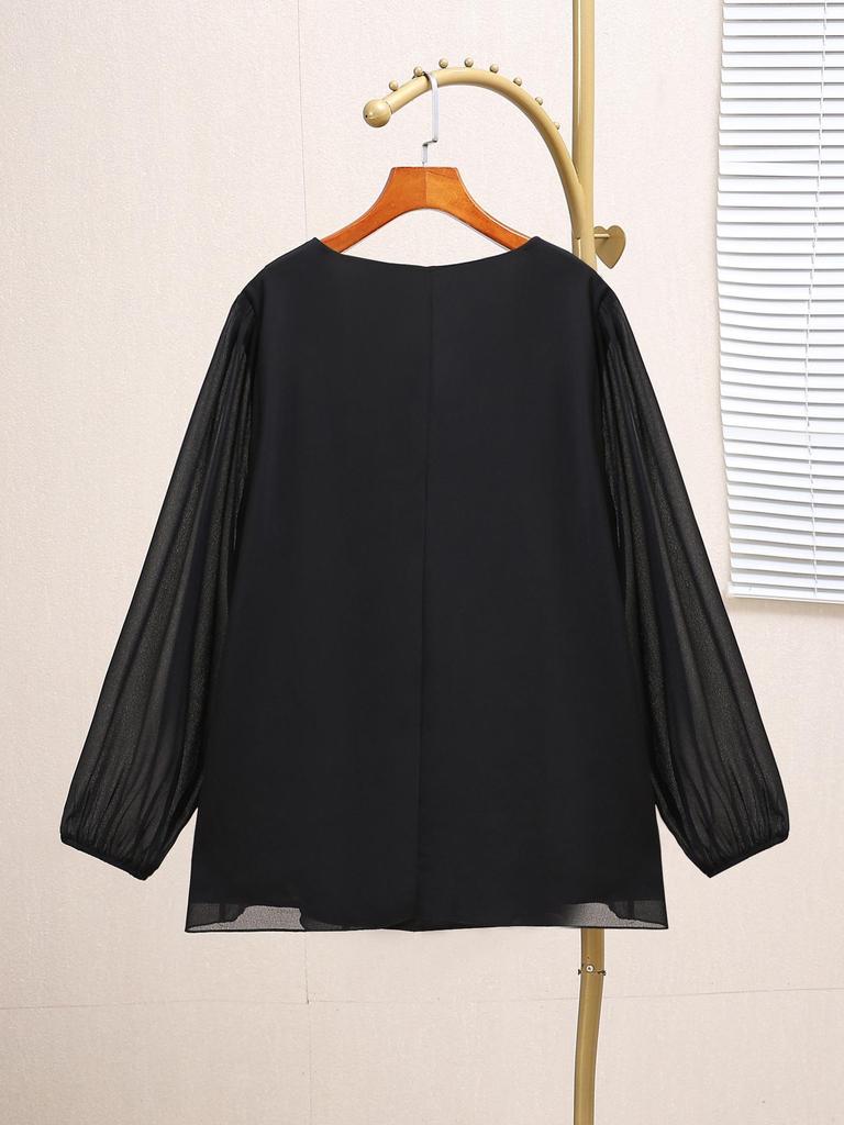 8087T Damröd chiffongblus i stora storlekar – Höst Lös passform Långärmad Slimmande topp