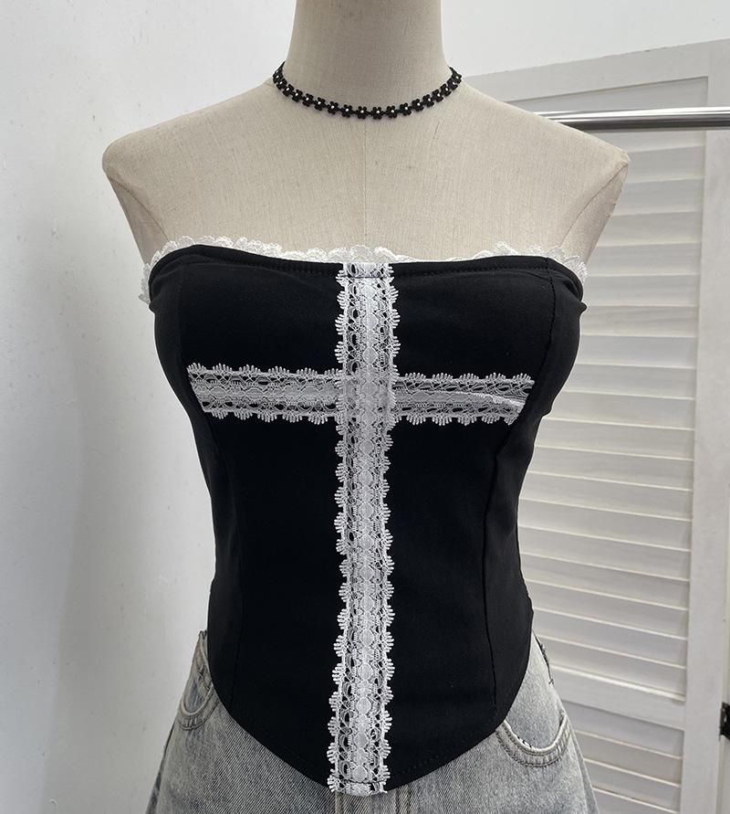 

Lace Cross Strapless Vest with Chest Pads - Non-slip, Women s Summer Short Cropped Top One Size чёрный