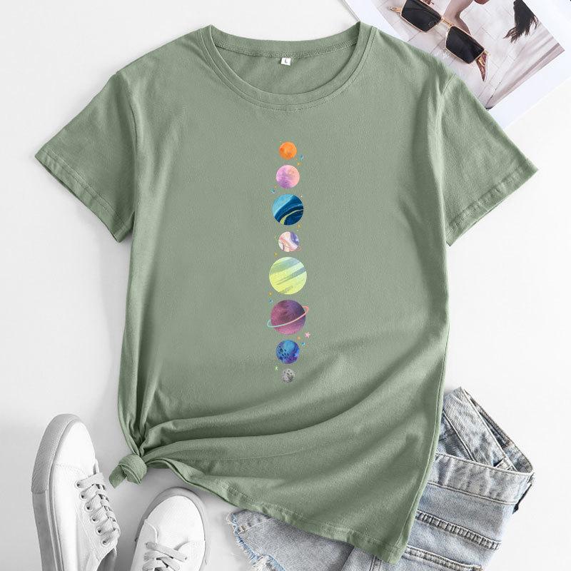 Summer Round Neck Planet Pattern Printed Top Fashionable Casual Short Sleeved Women's Pure Cotton T-shirts
