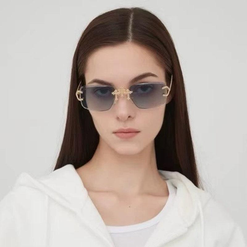 Vintage Y2k Rimless Square Cutting Lens Sunglasses Women For Men Luxury Brand Designer Popular Punk Diamond Cross Eyewear UV400