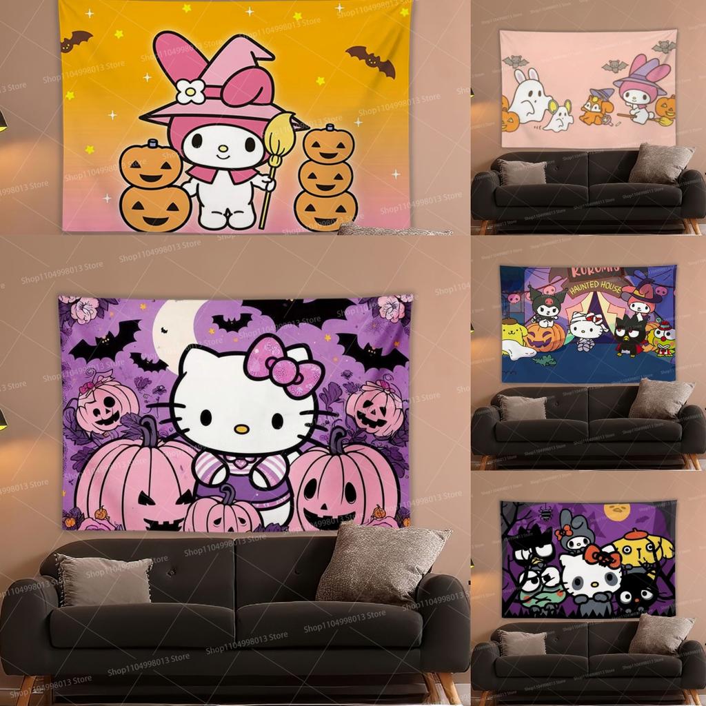 Sanrio Halloween Hello Kitty Printed Tapestry Cartoon Cute Bedroom Wall Decoration Dormitory Apartment Halloween Party Decoratio