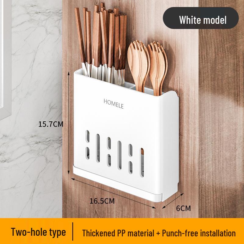 Wall-Mounted No-Drill Chopstick Holder with Multi-Compartments and Drainage, Large Capacity Cutlery Storage Box