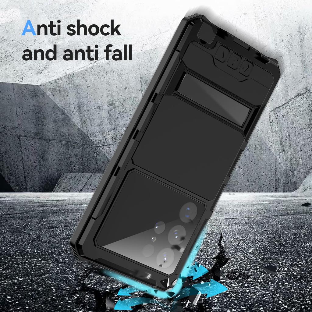 R-JUST Für Samsung Galaxy S22 Ultra 5G Wasserdichte Sturzsichere Hülle Ständer Rückseite mit Hartglas