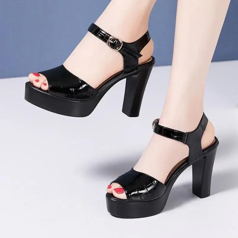 10cm 13cm Comfortable Genuine Leather Sandals Chunky Platform Shoes 2025 Summer Block High Heels Sandals Women for Office Model