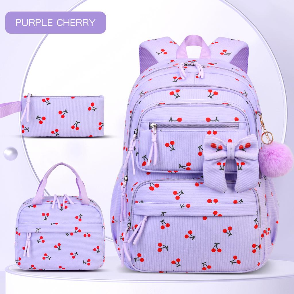 Corduroy Three-Piece Backpack Cherry Pattern Girl Heart Large Capacity Lightweight Backpack