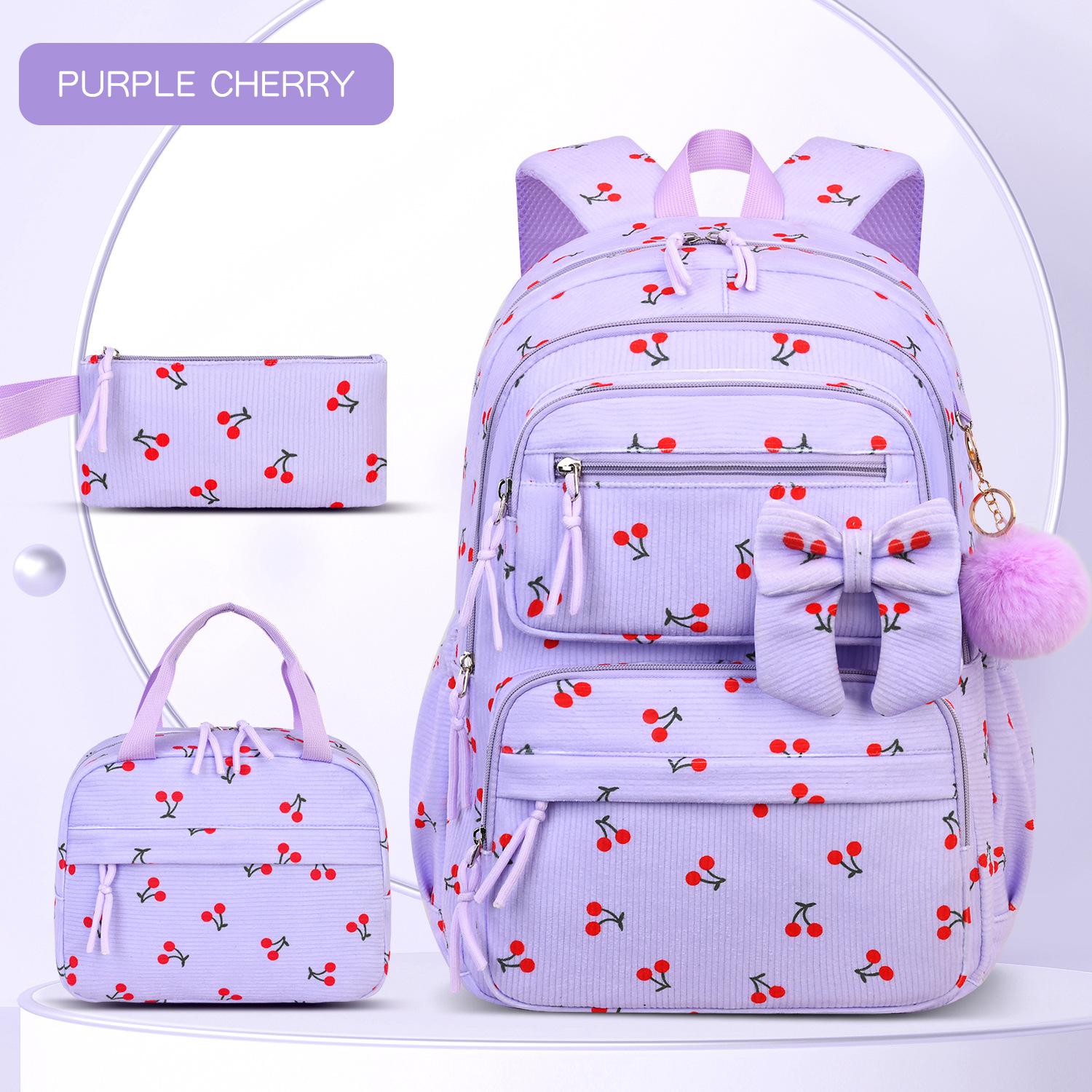 Sac à dos en velours côtelé de haute qualité trois pièces avec motif cerise Princesse Grande capacité Léger Sac d'école mochilas