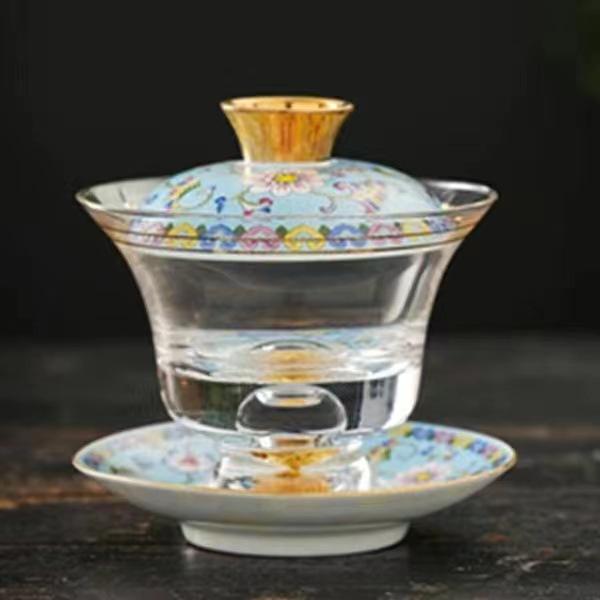 Enamel Colored Glass Gaiwan Puer Tea Bowls Crystal Tea Bowl Tureen Lid Bowl Lotus Hand Drawing Gaiwan for Travel Gai Wan Cup Set
