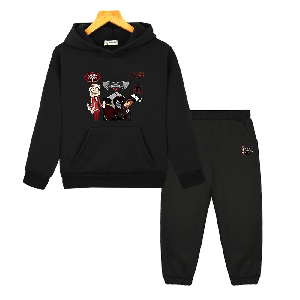 Kinder Weihnachts Kleidung helluva boss Print Kapuzenpullover Fleece Herbst Sweatshirt Jacke Bequemes 2-teiliges Pullover+Hose Jungen Mädchen Sportsets