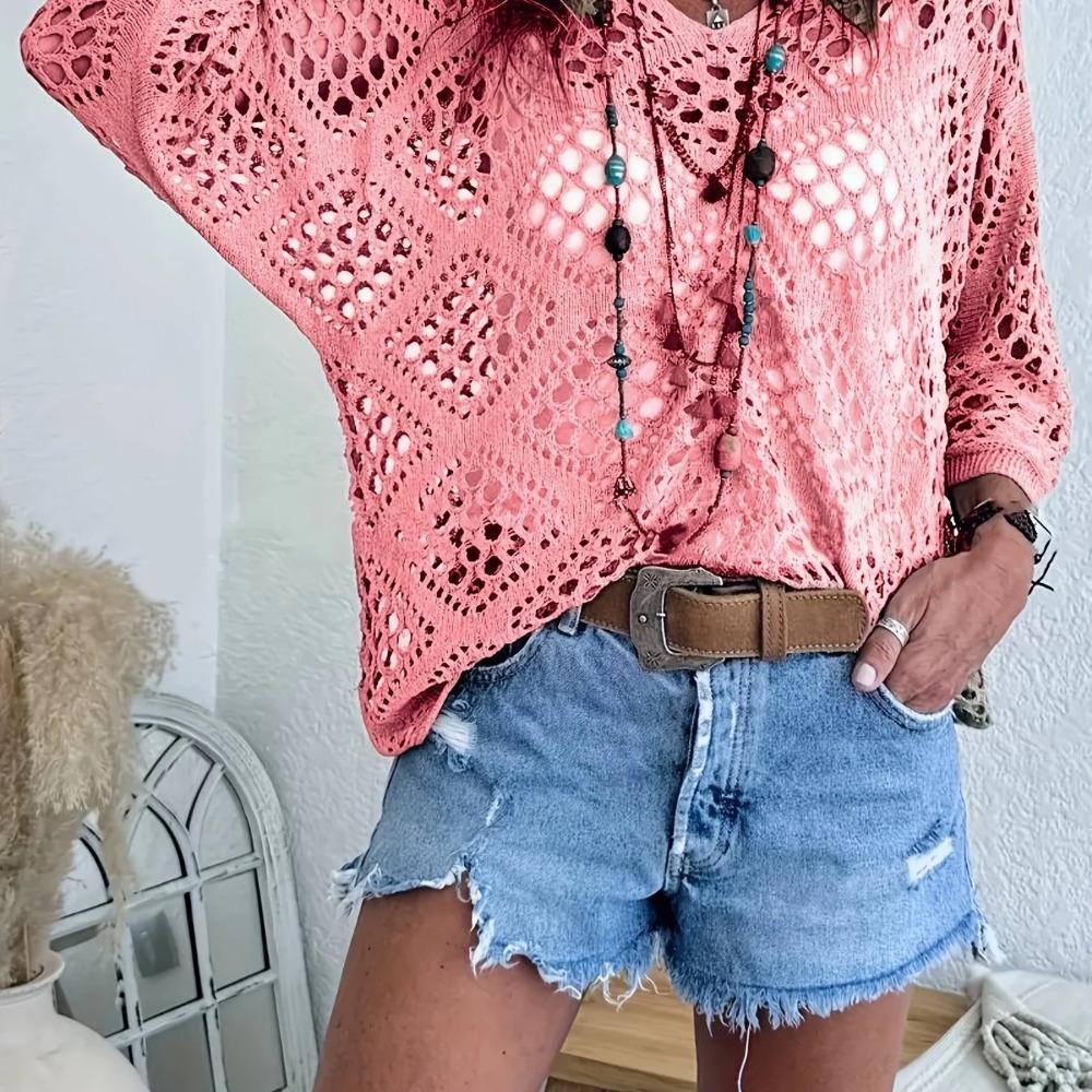 Women Spring Summer V-neck Diamond Hollow Out Batwing Sleeve Knit Sweater Loose Cover Up Blouse