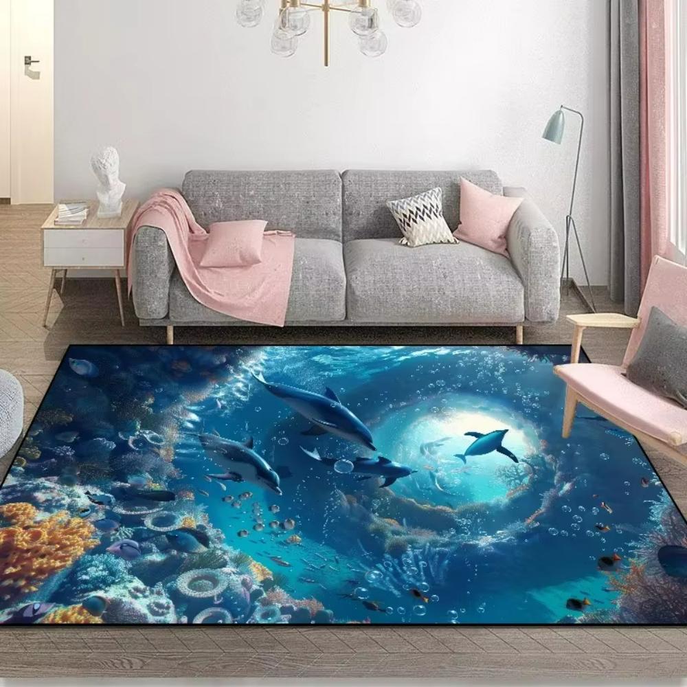 Blue Ocean 3D Dolphin Fish Theme Carpet Living Room Decor Sofa Rug Home Bedside Rug Balcony Coffee Table FloorMat Kid's Play Mat