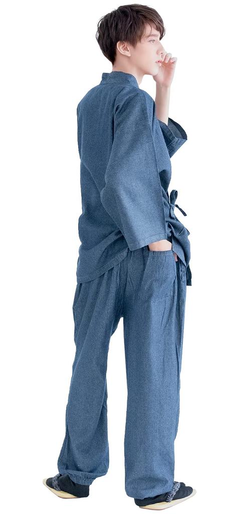 KYOETSU Men's Washable Denim Samue (Work Clothes), Solid Color, 100% Cotton, Year-Round, Light Blue (Size L)