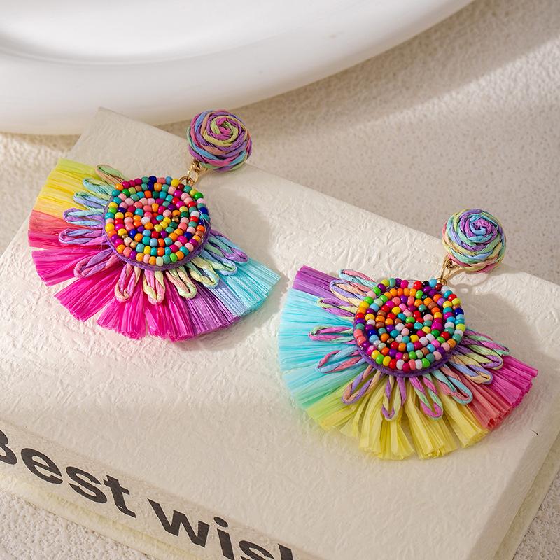 Dopamine Raffia Sun Flower Vacation Wind Earrings Women'S Handwoven Earrings Travel Photography Unique And Beautiful Earrings