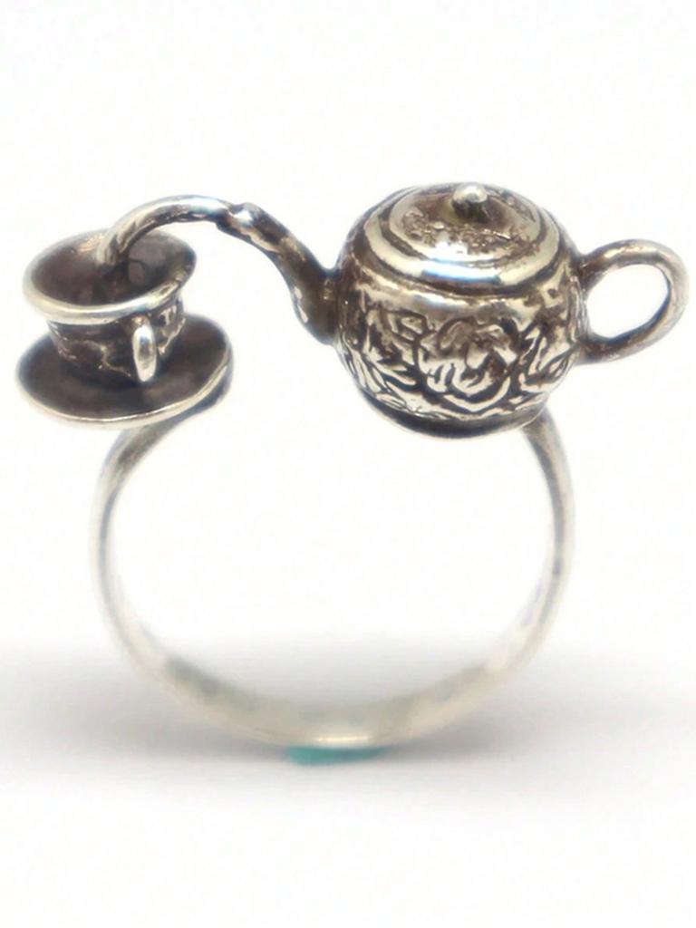 1PC Vintage Temperament Floral Pattern Pouring Teapot Geometric Adjustable Opening Ring For Men Fashion Jewelry Accessories