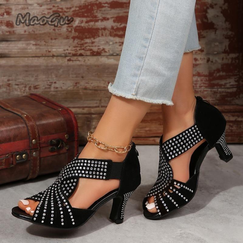 Rhinestone Women High Heel Sandals Peep Toe Back Zip Women's Party Dance Shoes Black Summer Outwear Sandalias De Mujer Size36 43