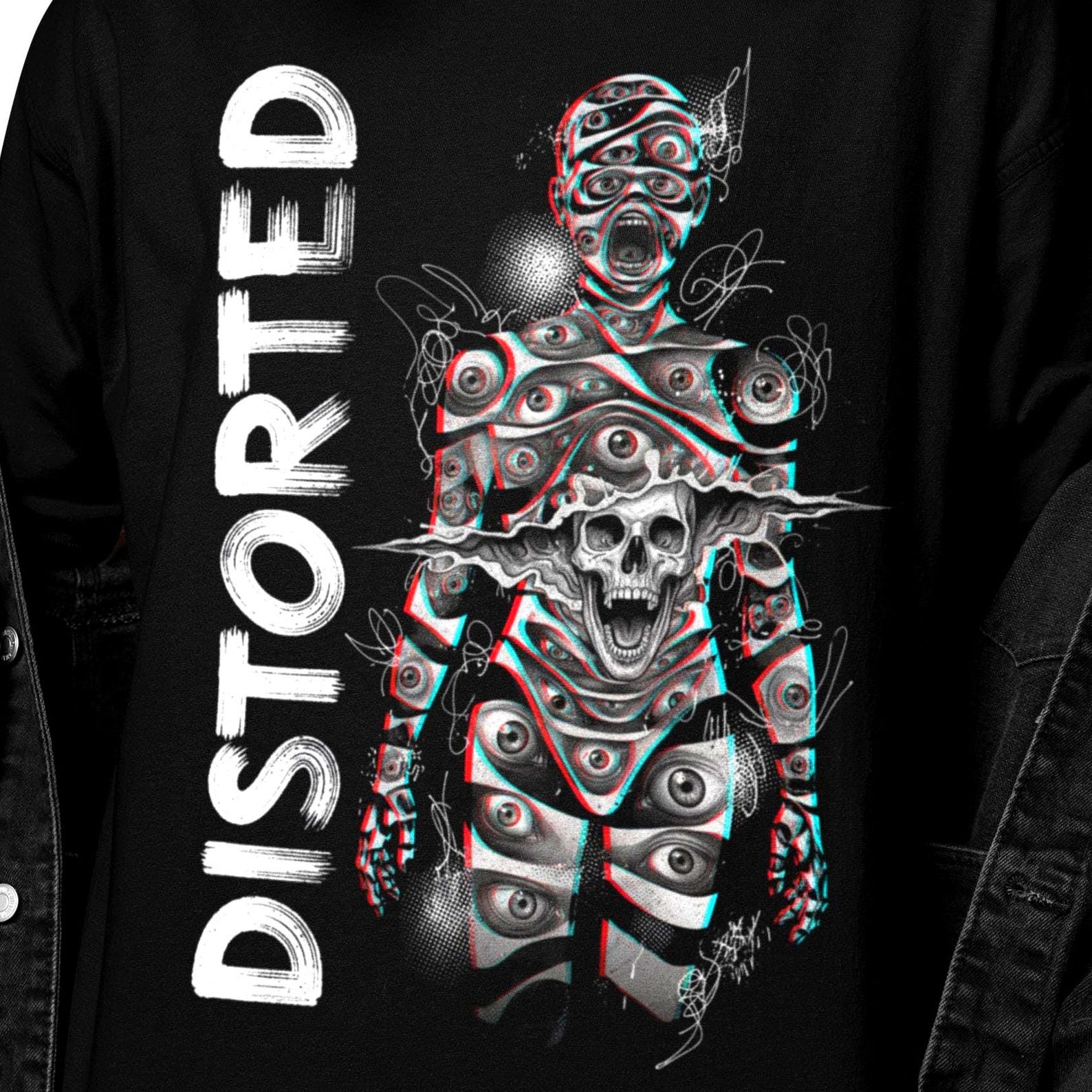Distorted Psychedelic Shirt | Trippy Eye Body Graphic Tee | Surreal Weirdcore Skull T-Shirt | Dark Mind Vision Art 2XL