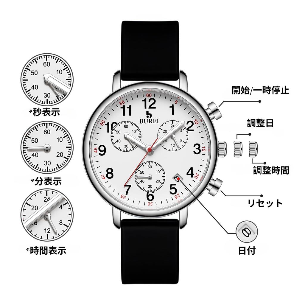 Analog Chronograph Quartz Watch with Date Simple and Stylish Suitable for Nurse Silica Gel Strap Silica [BUREI] Women's Display, Lightweight, Slim,