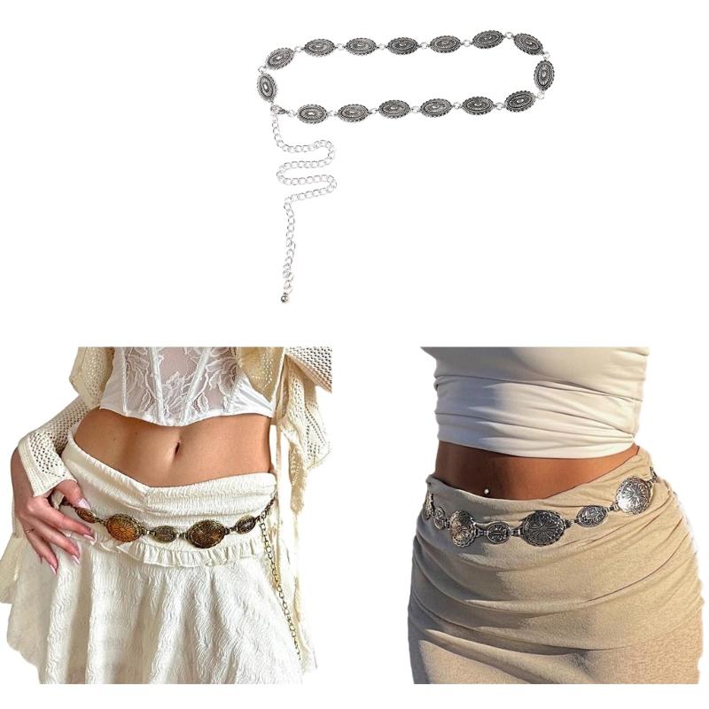 Women Alloy Waist Belt Ethnic Style Adjustable Waist Belt Metal Women Dress Shirt Waist Belt with Carved Flower Buckle