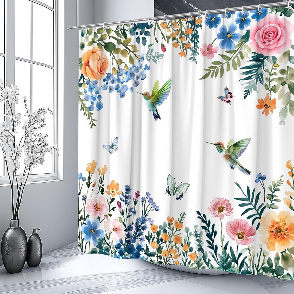 Watercolor Flower Hummingbird Shower Curtain Spring Bird Butterfly Wisteria Rose Floral Plant Nature Modern Bathroom Decor Polyester Curtains with