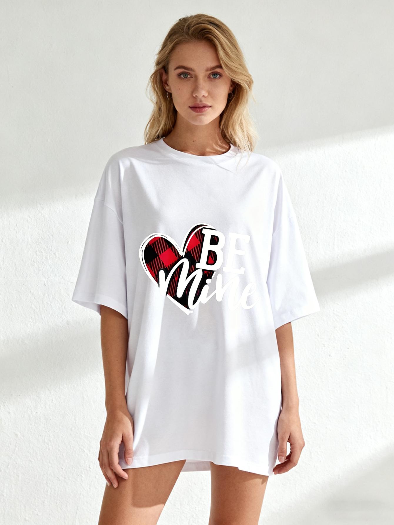 

Black Oversized T Shirt Be Mine Heart Plaid Print Valentine Day Casual Wear For Women XXXXL білий