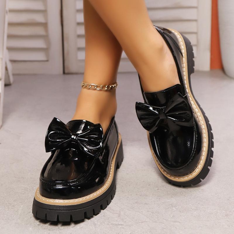 Fashion British Style Women's Flats Butterfly Knot Thick Bottom Slip-On Loafers Round Toe Casual Shoes Solid Color Women's Loafers