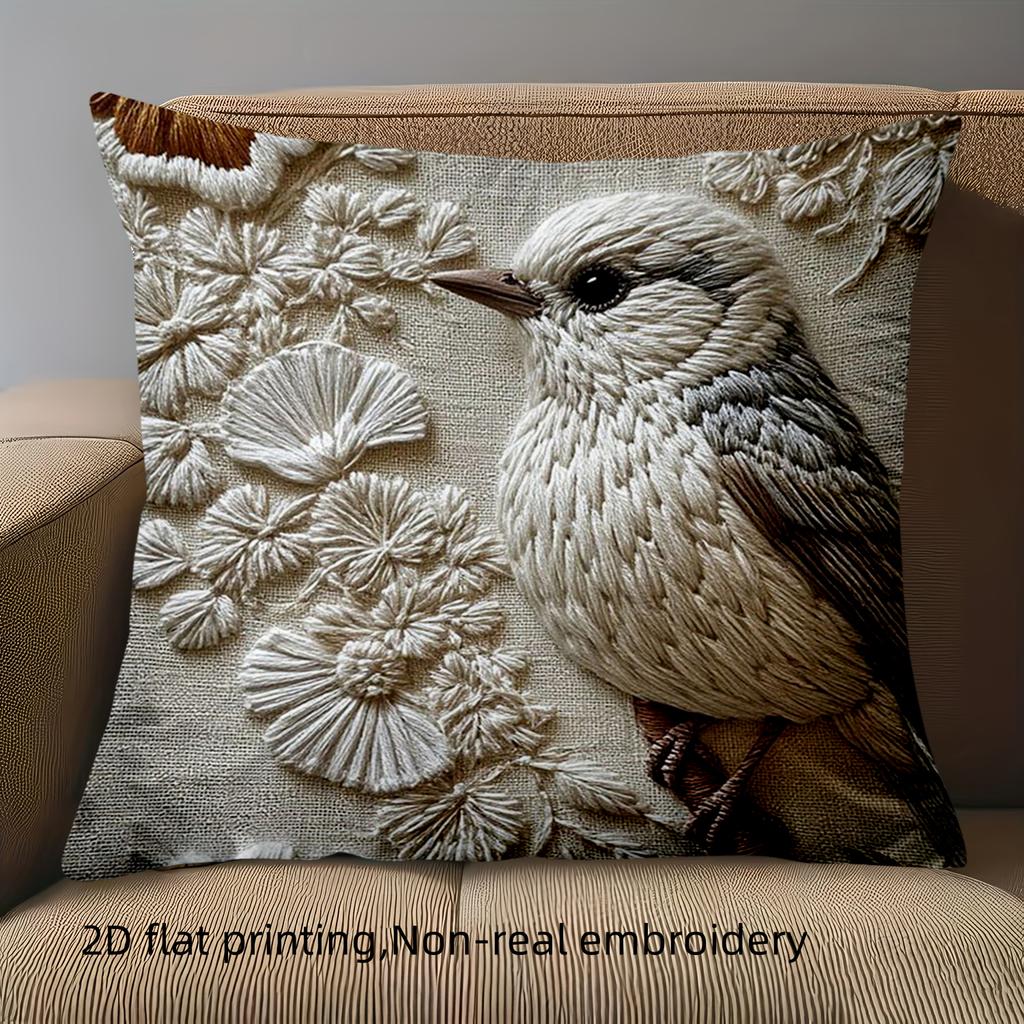 1 Pillowcase 2D Flat Printed Embroidered Bird Pattern Decorative Pillow Polyester Pillowcase Sofa Cushion Cover