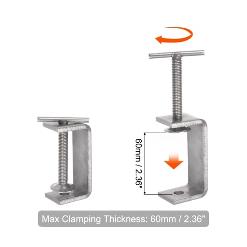 uxcell Stainless Steel C-Clamps, 2.36 Inch / 65mm Wide Jaw Opening, 23-60mm Range, T-Bar Handle, for Woodworking, Welding, Construction, and Home Use,