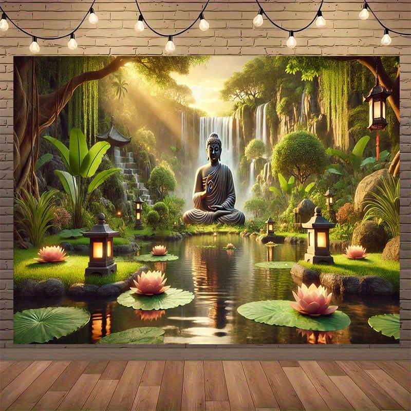 Buddha Garden Waterfall Tapestry Zen Landscape Art Lotus Pond Decor Peaceful Nature Wall Hanging Living Room Print