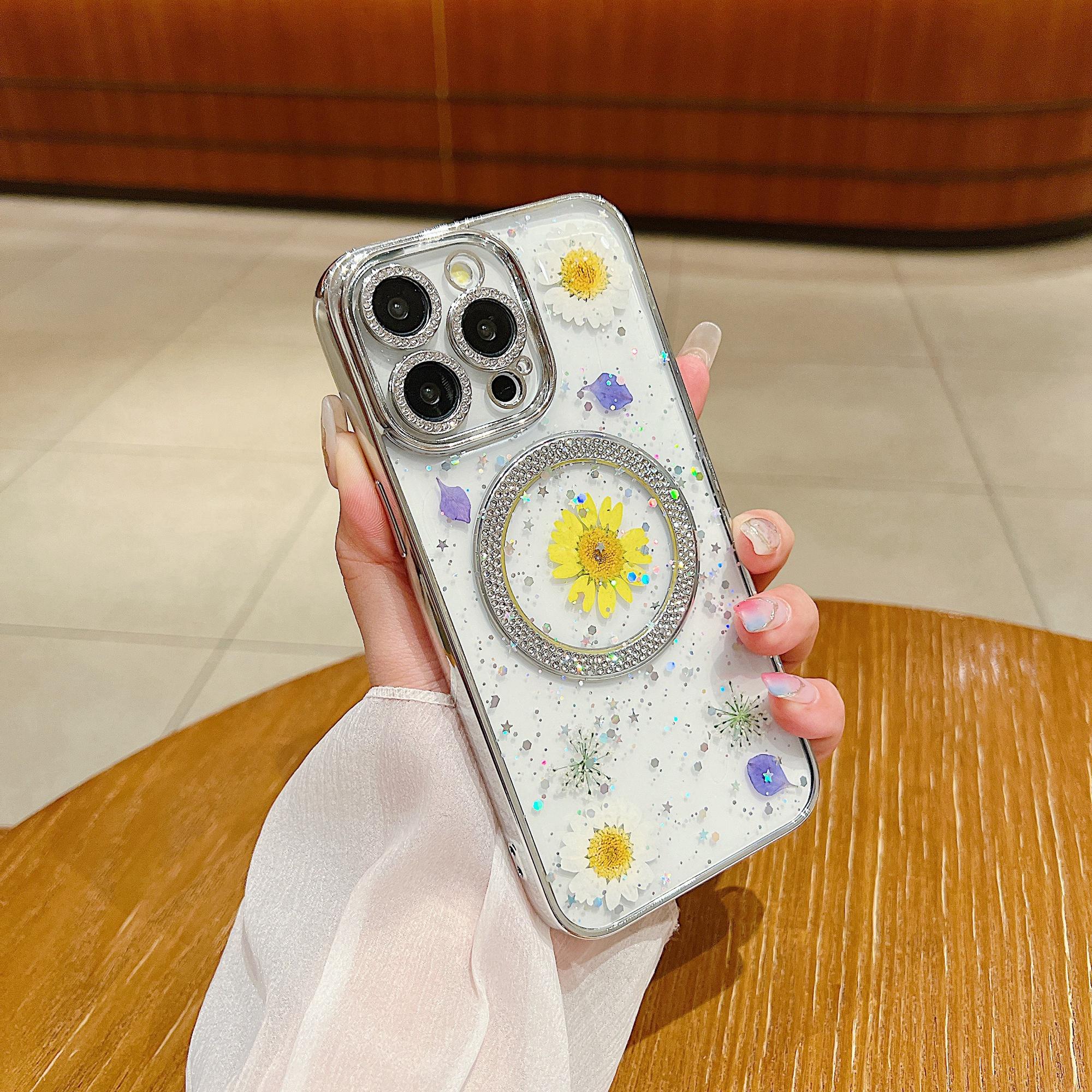 

For iPhone 14 Pro Cover Dried Flower Epoxy PC+TPU Clear Magnetic Cell Phone Case Daisy