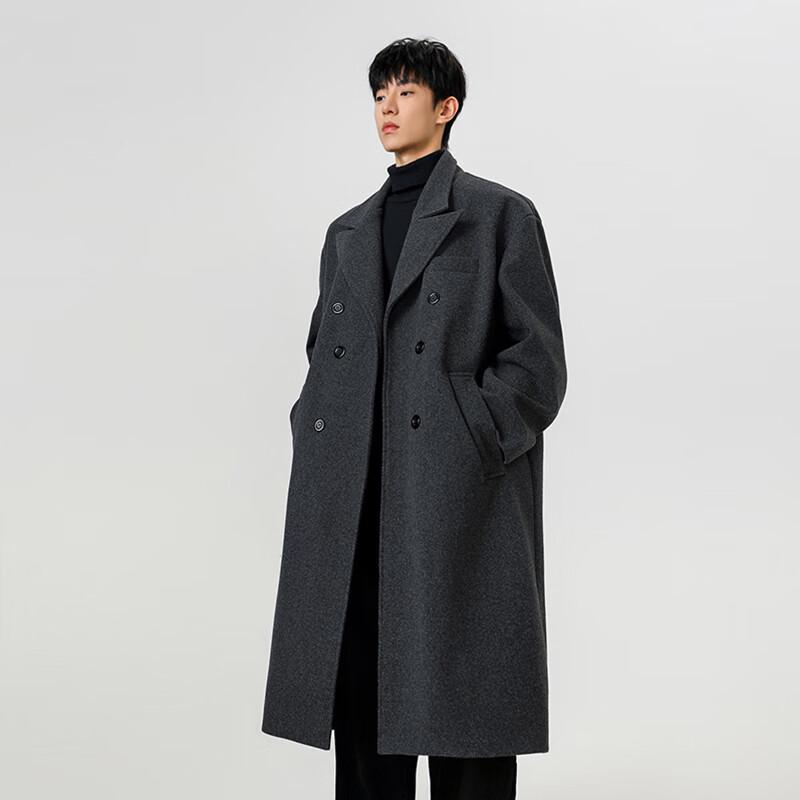 ROMON Men's Mid-Length Wool Blend Double-Breasted Trench Coat