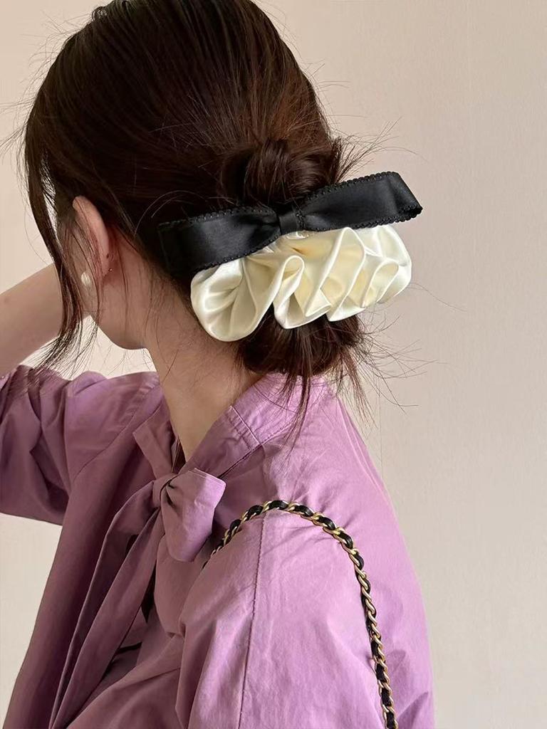 1pc Sweet Lace Satin Pleated Bow Hair Clip, French Elegant and Versatile Spring Clip, Fashion New Contrast Design Spring Clip