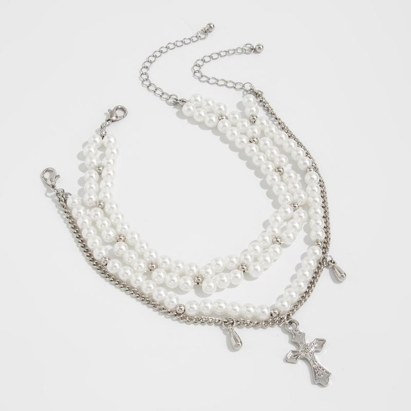 Fashion Double-Layer Tassel Pearl Chain Simple Foot Ankle Beach Party Jewelry For Women Versatile Cross Chain Foot Bracelet Gift