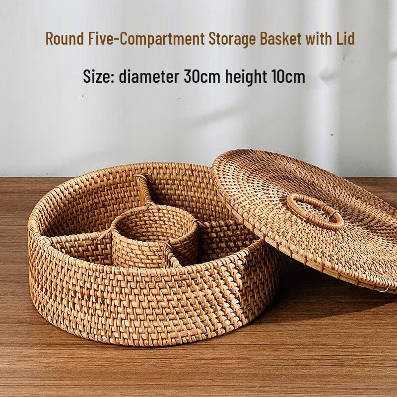 Handwoven Rattan Five-Compartment Storage Basket with Lid