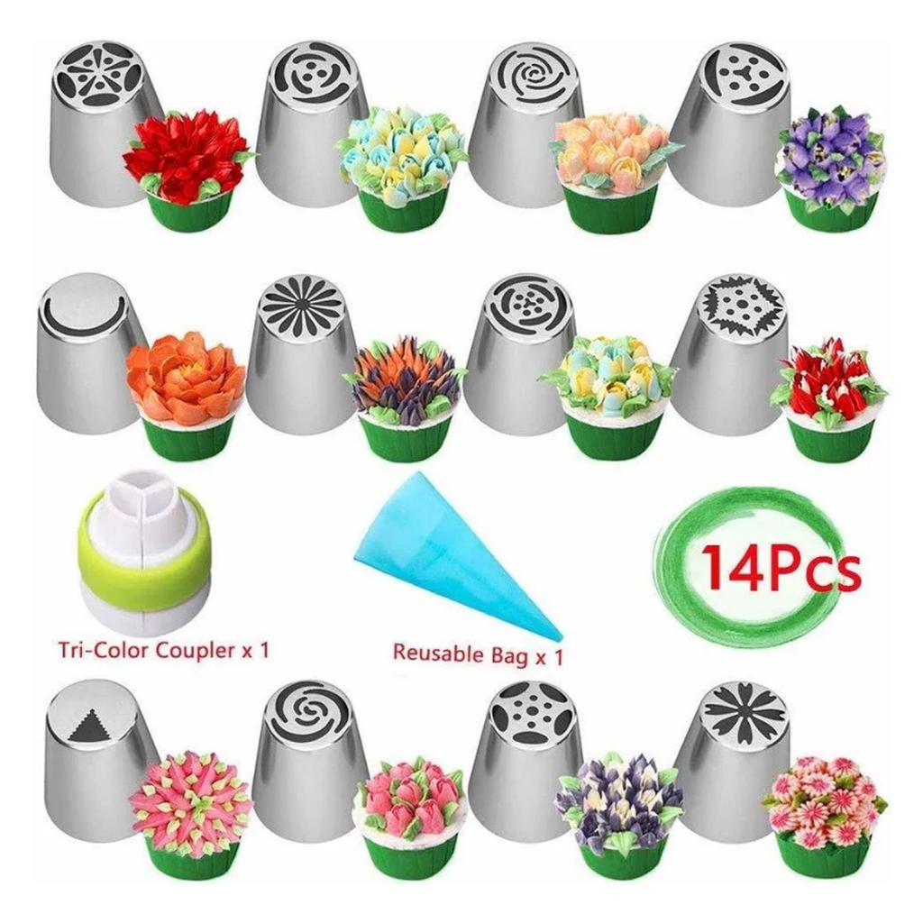 14Pcs Russian Piping Tips Set Complete Flower Frosting Icing Nozzles Cake Decorating Baking