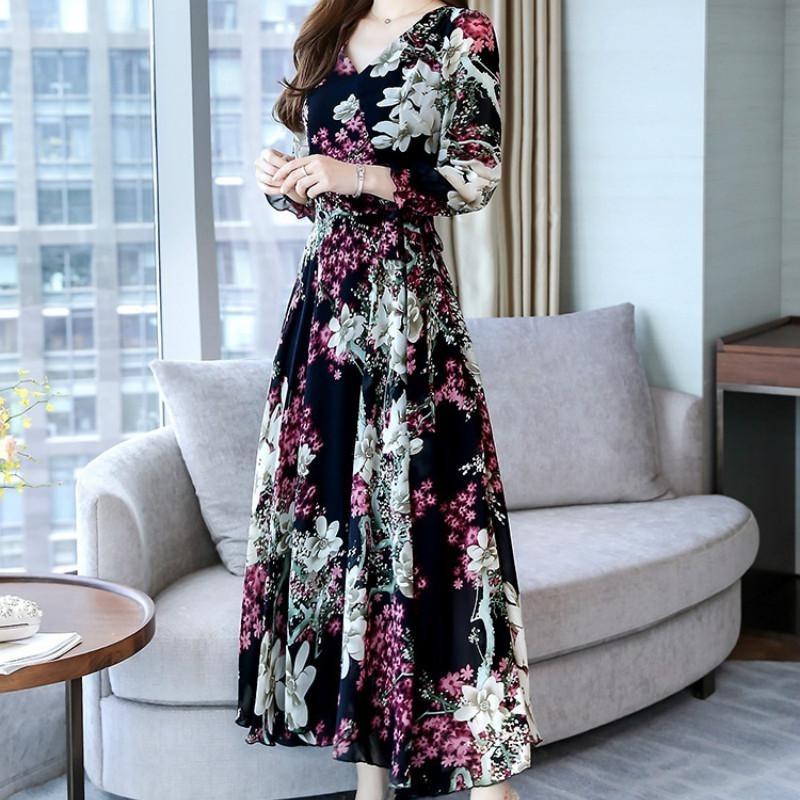 Langermet V-halskjole Kvinner Høst Slim Fit Lang A-linje stort skjørt