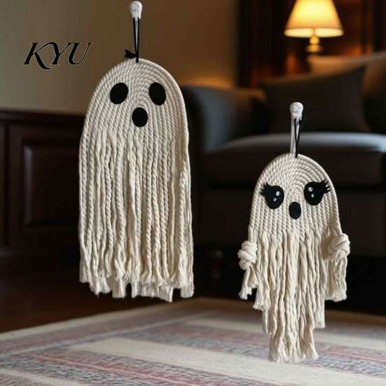 Bohemian Ghost Wall Decor Handmade Cotton Rope Hanging Ornament for Halloween, Indoor Outdoor Rustic Festive Atmosphere Props Pendent Front