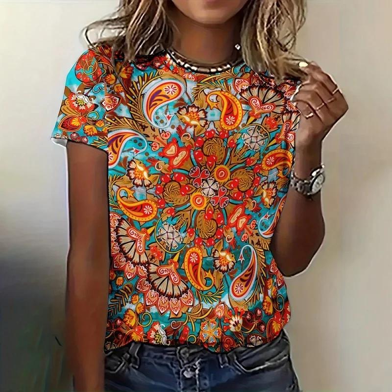 Girl Flower Pattern for Women Exquisite Ethnic 3D Printed Short Sleeves  Summer Casual Loose O-Neck Tops