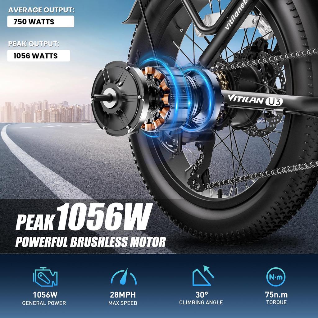 Vitilan U3 750W Brushless Motor Electric Bicycle - 48+ Range, 330 Lbs Payload, 5'3" - 6'5" Riders, 7-Speed Shimano Gear, 48V LCD Display
