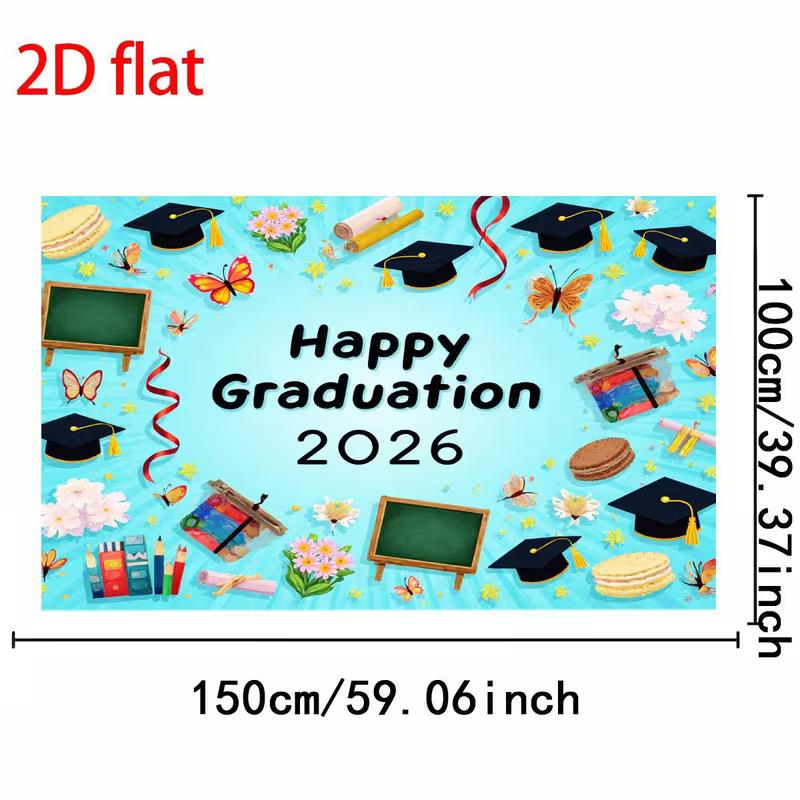 2D Cute Graduation 2026 Banner, Light Blue with Butterflies and Macarons