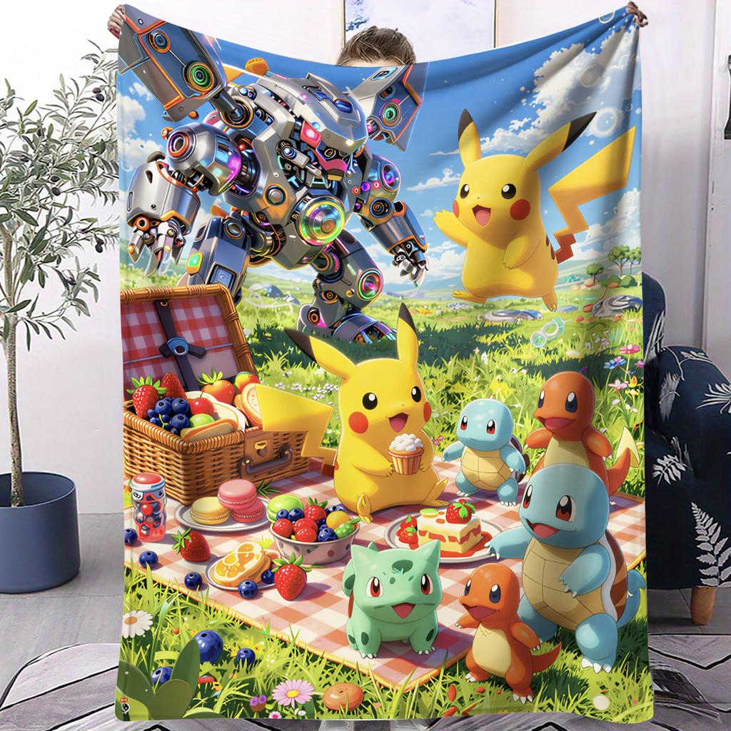 Pokemon Mega Gathering Cute Pikachu Print Fleece Throw Blanket for Adult Quality Cozy Soft Warm Blanket for Travel Office Home